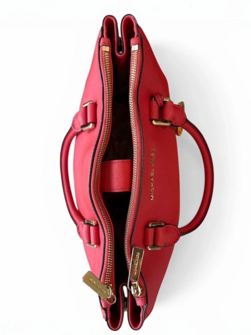 Michael Kors Red Saffiano Leather Satchel Tote Crossbody Gold Hardware Large